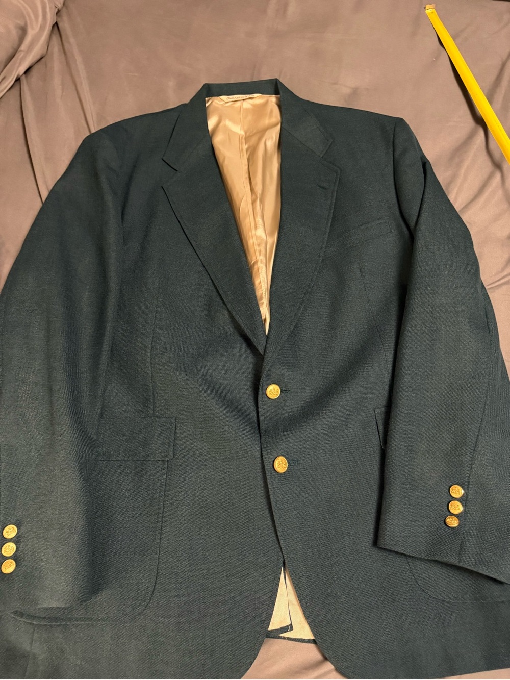 Vtg Stafford Mens Blazer Teal Green 2-Button Gold Crested Made in USA 48 USA